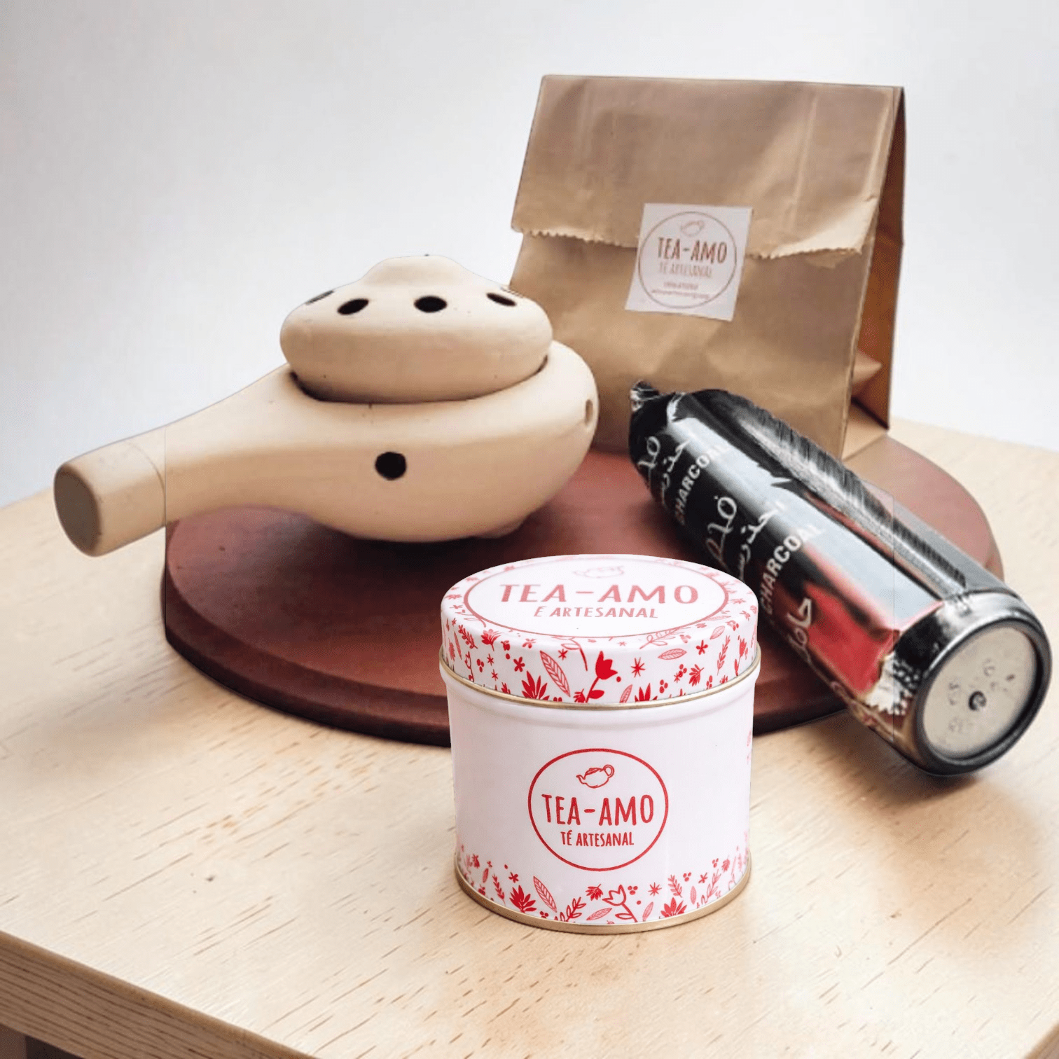 Kit Sahumador: sahumador, 10 carbones, romero para aromatizar y latita con té a eleccion