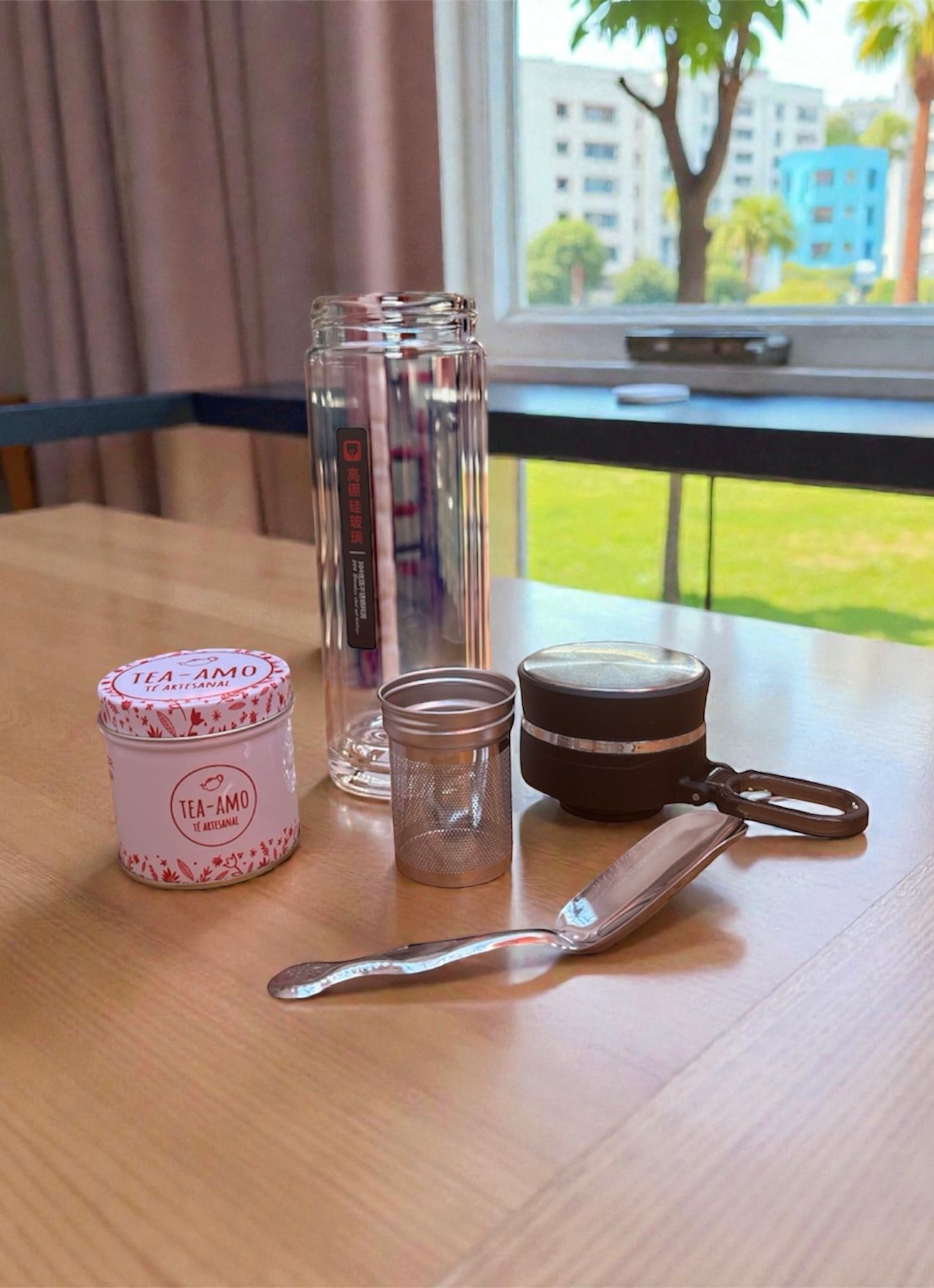 Kit STAR 1 - termo de vidrio doble pared con infusor (latita con té, cuchara medidora) - Imagen 4