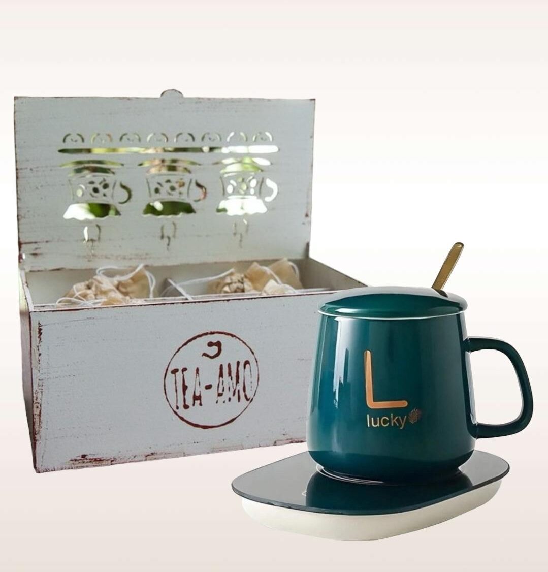 Taza con base eléctrica y caja Lovely con 12 sabores