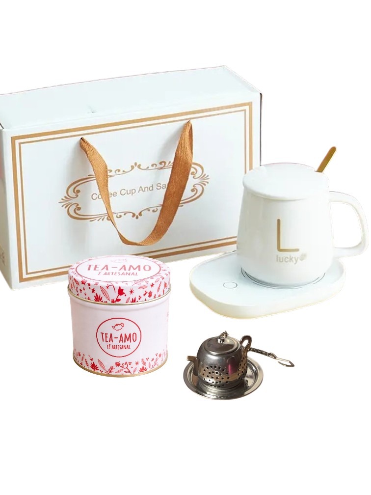 Taza con base eléctrica con latita con té e infusor de regalo