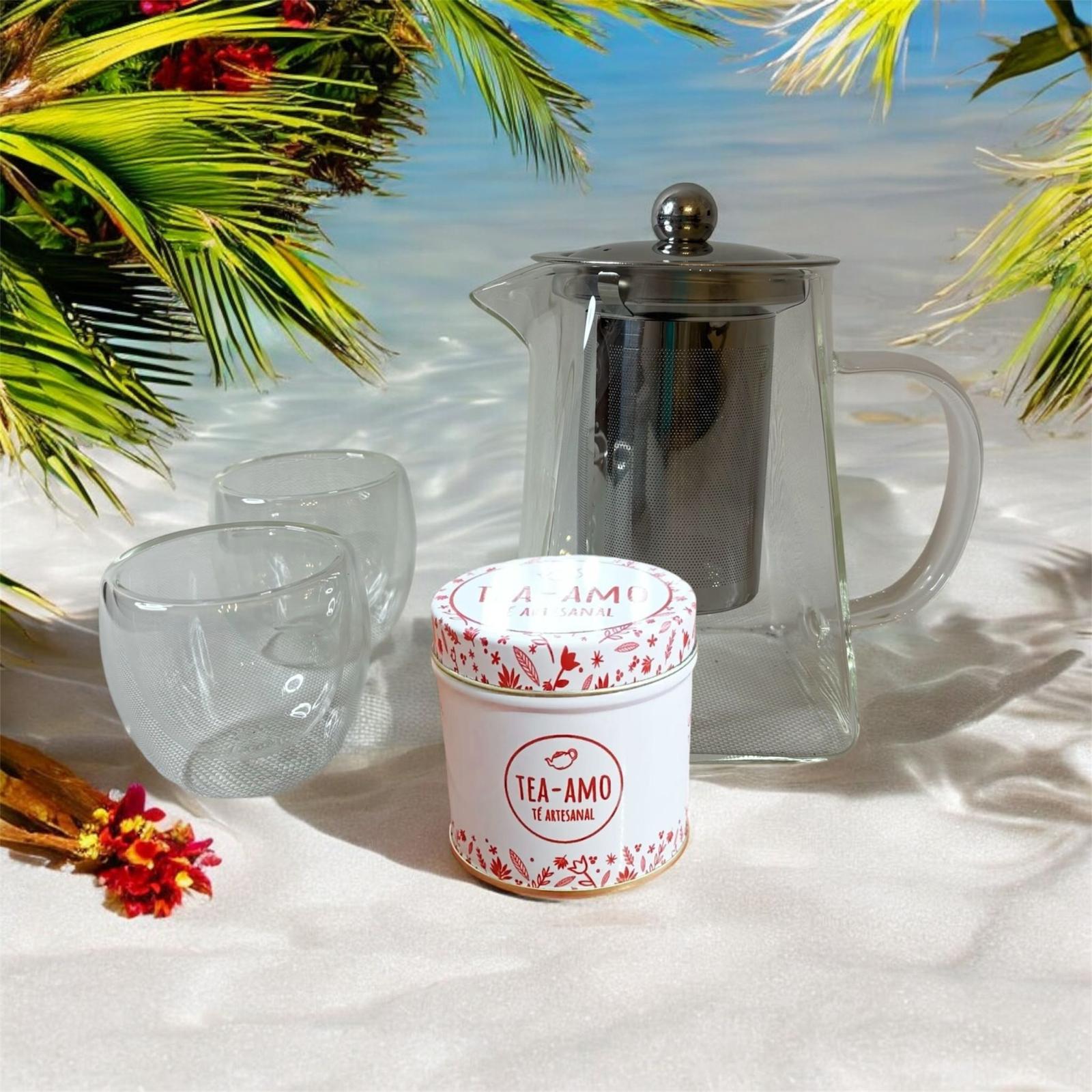 Kit tetera de vidrio dos cuencos y latita con té a elección